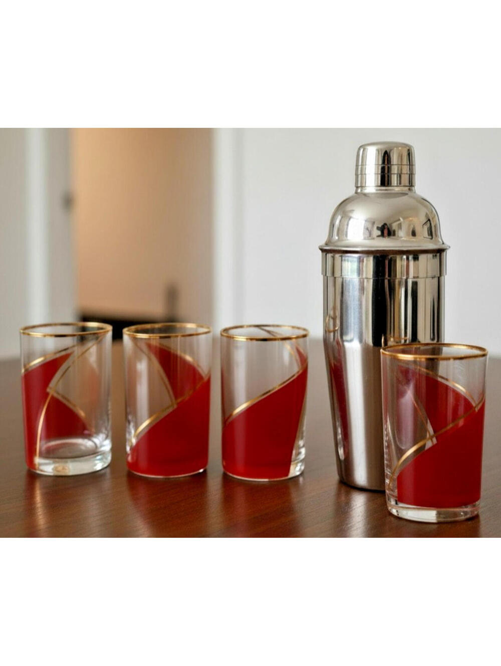MCM Atomic Style Red Gold Cocktail Juice Glasses Set of 4 Vintage Barware